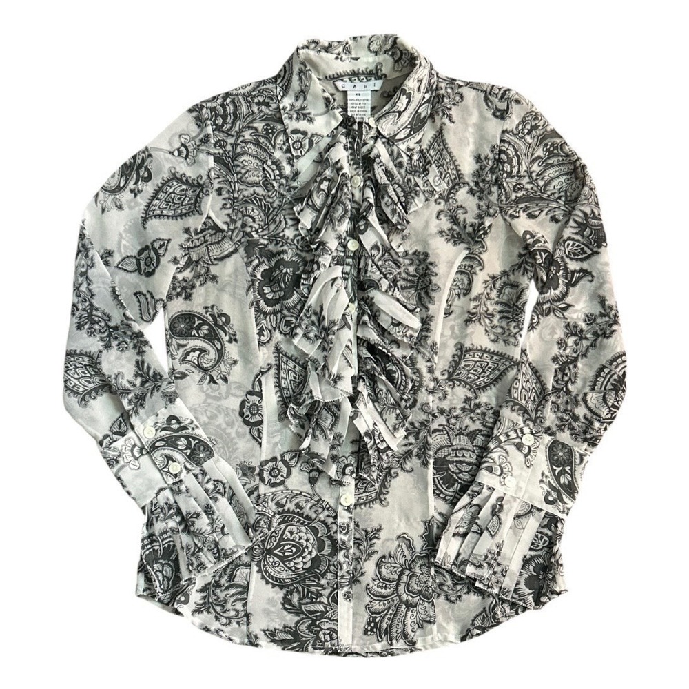CAbi Sheer Blouse XS Ivory Gray Paisley Ruffle Pleated Cuffs Boho Chic Career